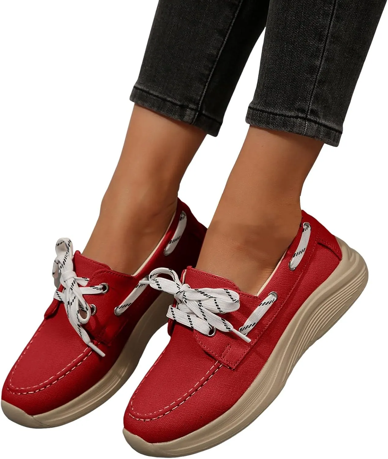 2025 Women's Canvas Slip On Shoes Lace Up Sneakers Slip On Low Top Arch Support Walking Loafers Orthopedic Non Slip Closed Toe Running Casual Boat Shoes Soft Tennis Shoe for Daily Wear