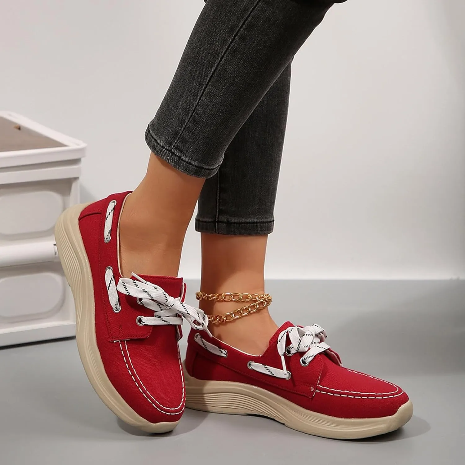 2025 Women's Canvas Slip On Shoes Lace Up Sneakers Slip On Low Top Arch Support Walking Loafers Orthopedic Non Slip Closed Toe Running Casual Boat Shoes Soft Tennis Shoe for Daily Wear