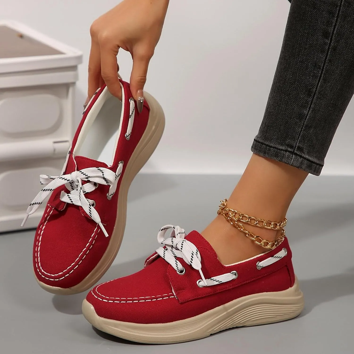 2025 Women's Canvas Slip On Shoes Lace Up Sneakers Slip On Low Top Arch Support Walking Loafers Orthopedic Non Slip Closed Toe Running Casual Boat Shoes Soft Tennis Shoe for Daily Wear