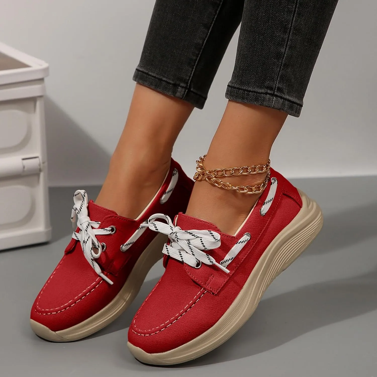 2025 Women's Canvas Slip On Shoes Lace Up Sneakers Slip On Low Top Arch Support Walking Loafers Orthopedic Non Slip Closed Toe Running Casual Boat Shoes Soft Tennis Shoe for Daily Wear