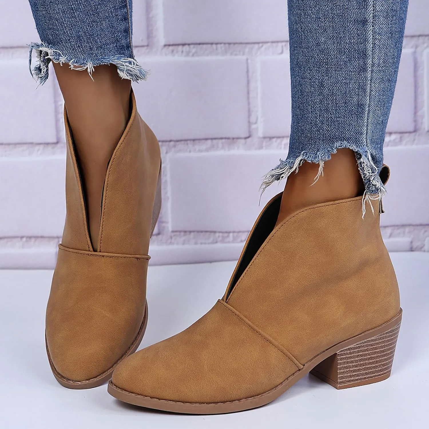 AMDBEL Booties for Women Dressy 2024 Ankle Boots Casual V Cut Slip On Chunky Heel Short Fall Winter Bootie Shoes