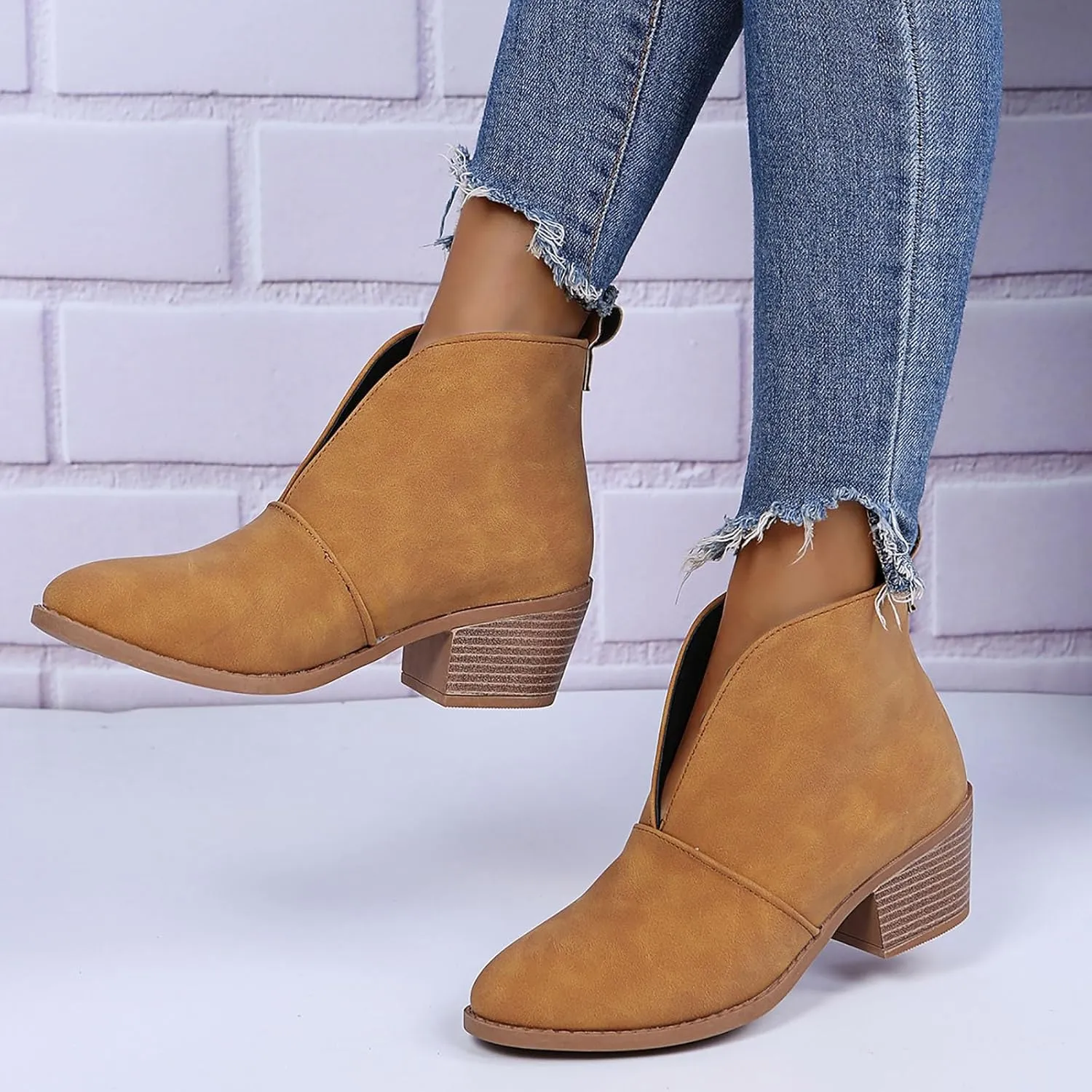 AMDBEL Booties for Women Dressy 2024 Ankle Boots Casual V Cut Slip On Chunky Heel Short Fall Winter Bootie Shoes