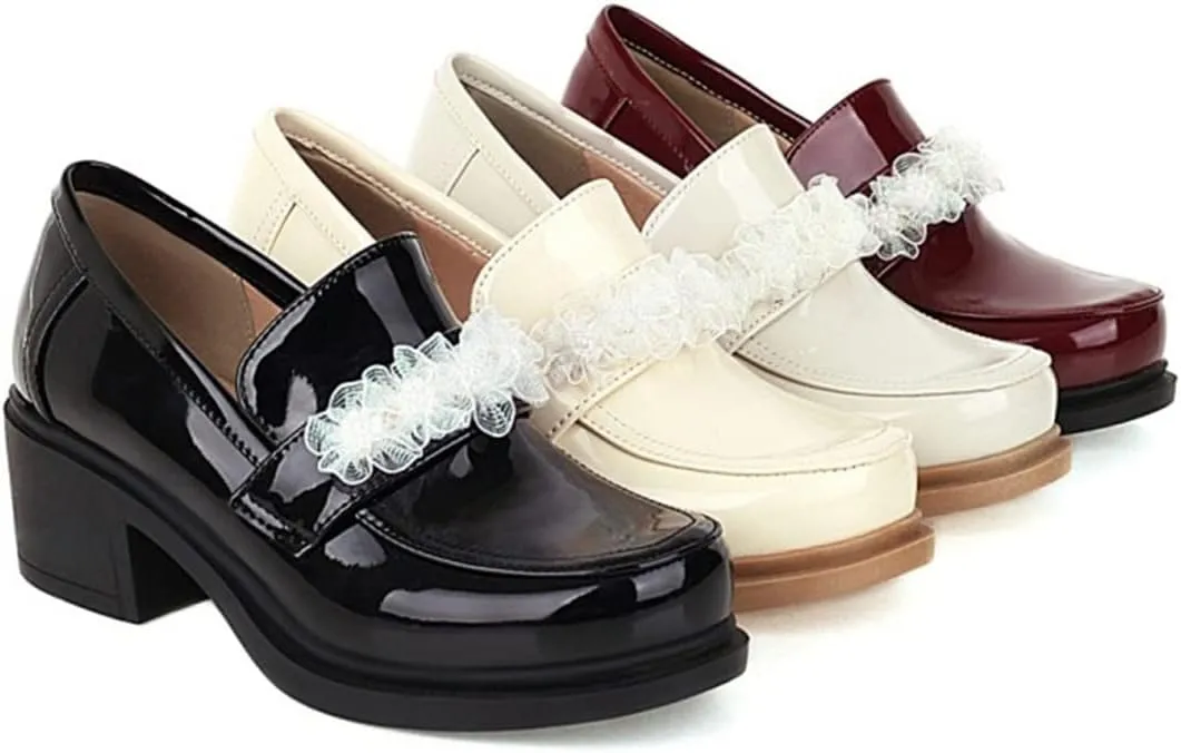 Betastella Women's Patent Leather Chunky Oxfords Mid Heel Loafers Slip On Round Toe Dress Pump Shoes