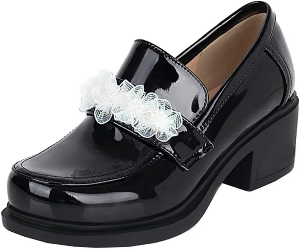 Betastella Women's Patent Leather Chunky Oxfords Mid Heel Loafers Slip On Round Toe Dress Pump Shoes