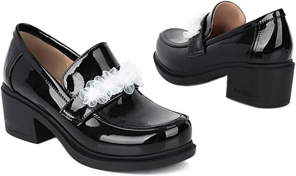 Betastella Women's Patent Leather Chunky Oxfords Mid Heel Loafers Slip On Round Toe Dress Pump Shoes