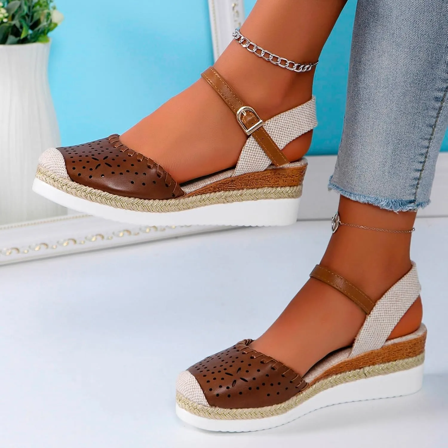 Closed Toe Platform Wedge Sandals, 2025 Clark Sandals for Women Heel Casual, Women's Espadrilles Dressy Wedges, Comfortable Anti Slip Summer Shoes with Adjustable Buckle Ankle Strap