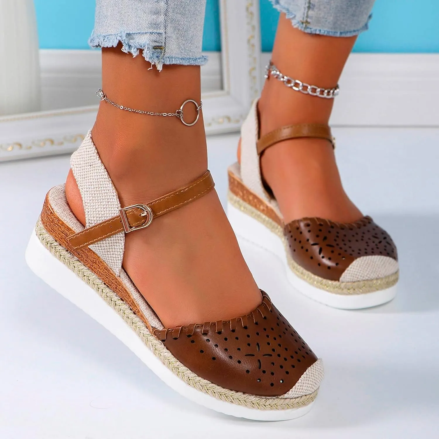 Closed Toe Platform Wedge Sandals, 2025 Clark Sandals for Women Heel Casual, Women's Espadrilles Dressy Wedges, Comfortable Anti Slip Summer Shoes with Adjustable Buckle Ankle Strap