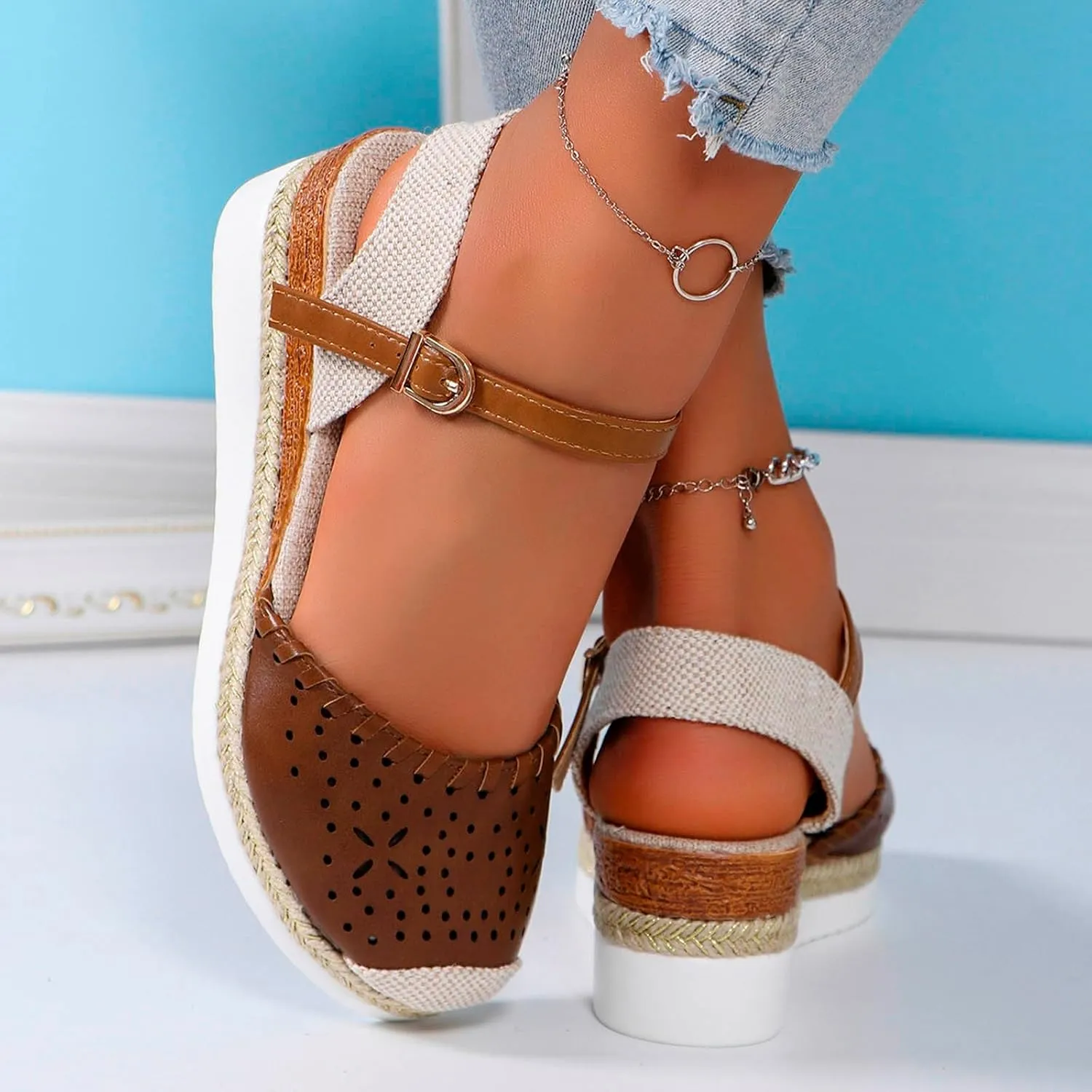 Closed Toe Platform Wedge Sandals, 2025 Clark Sandals for Women Heel Casual, Women's Espadrilles Dressy Wedges, Comfortable Anti Slip Summer Shoes with Adjustable Buckle Ankle Strap