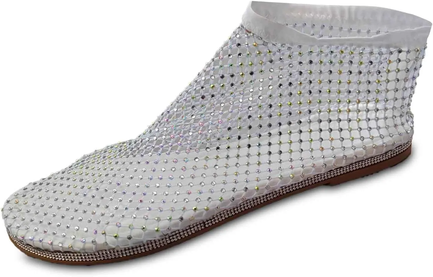 Comfortable Mesh Fishnet Shiny Gem Sandals Low Heel Slip on Stockings Rhinestone Net Flat Sandals