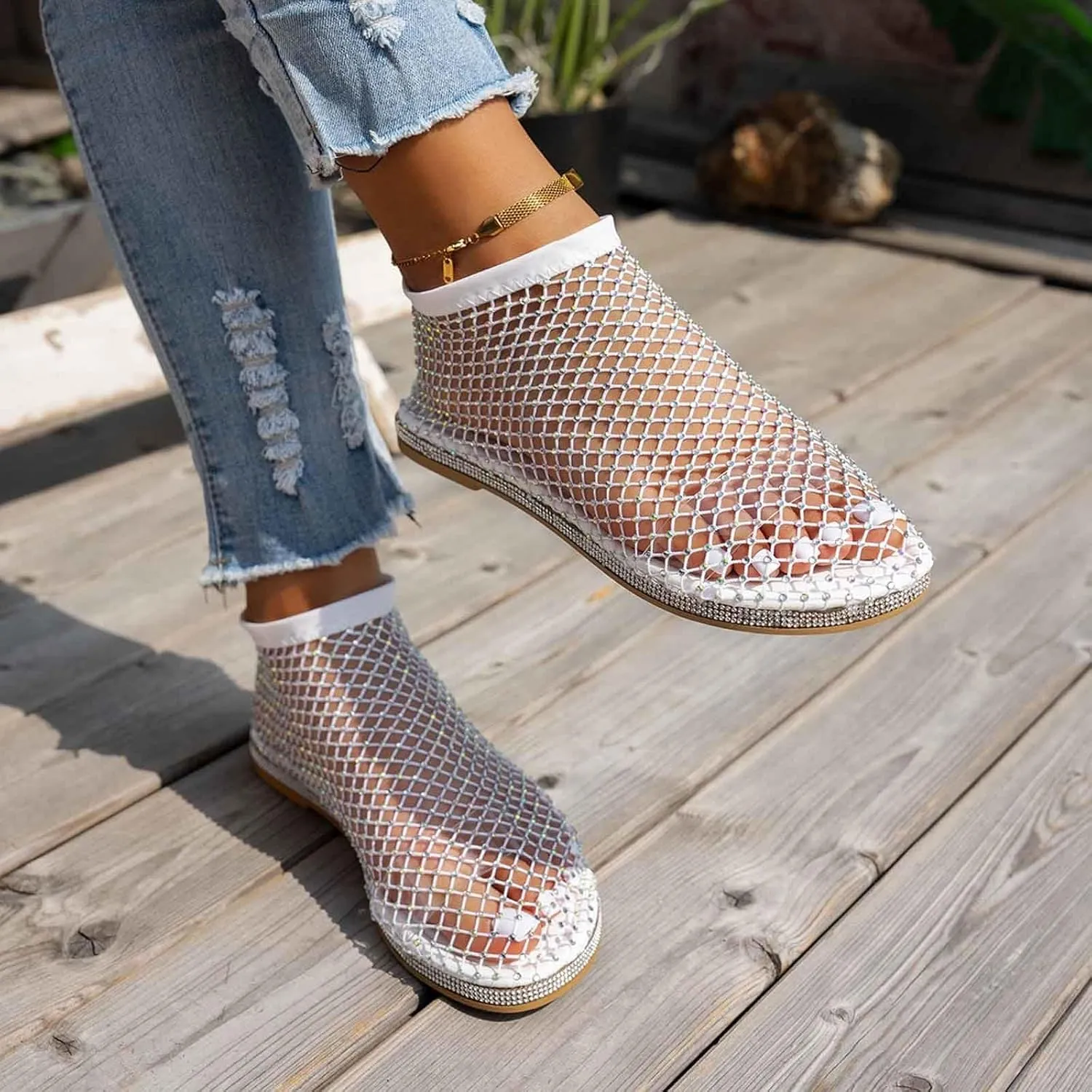 Comfortable Mesh Fishnet Shiny Gem Sandals Low Heel Slip on Stockings Rhinestone Net Flat Sandals