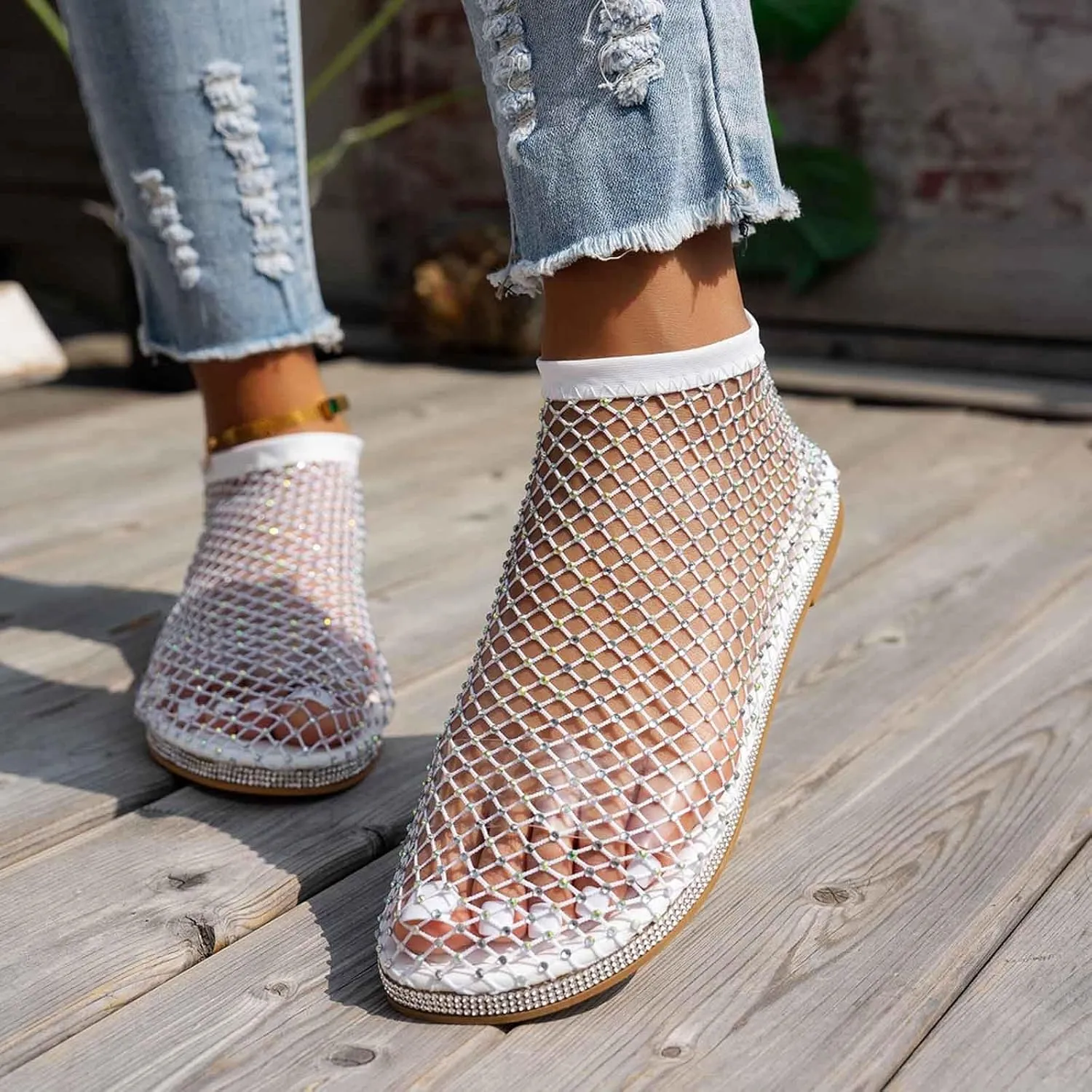 Comfortable Mesh Fishnet Shiny Gem Sandals Low Heel Slip on Stockings Rhinestone Net Flat Sandals