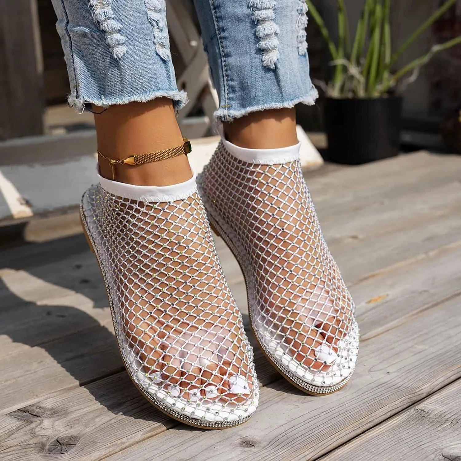 Comfortable Mesh Fishnet Shiny Gem Sandals Low Heel Slip on Stockings Rhinestone Net Flat Sandals