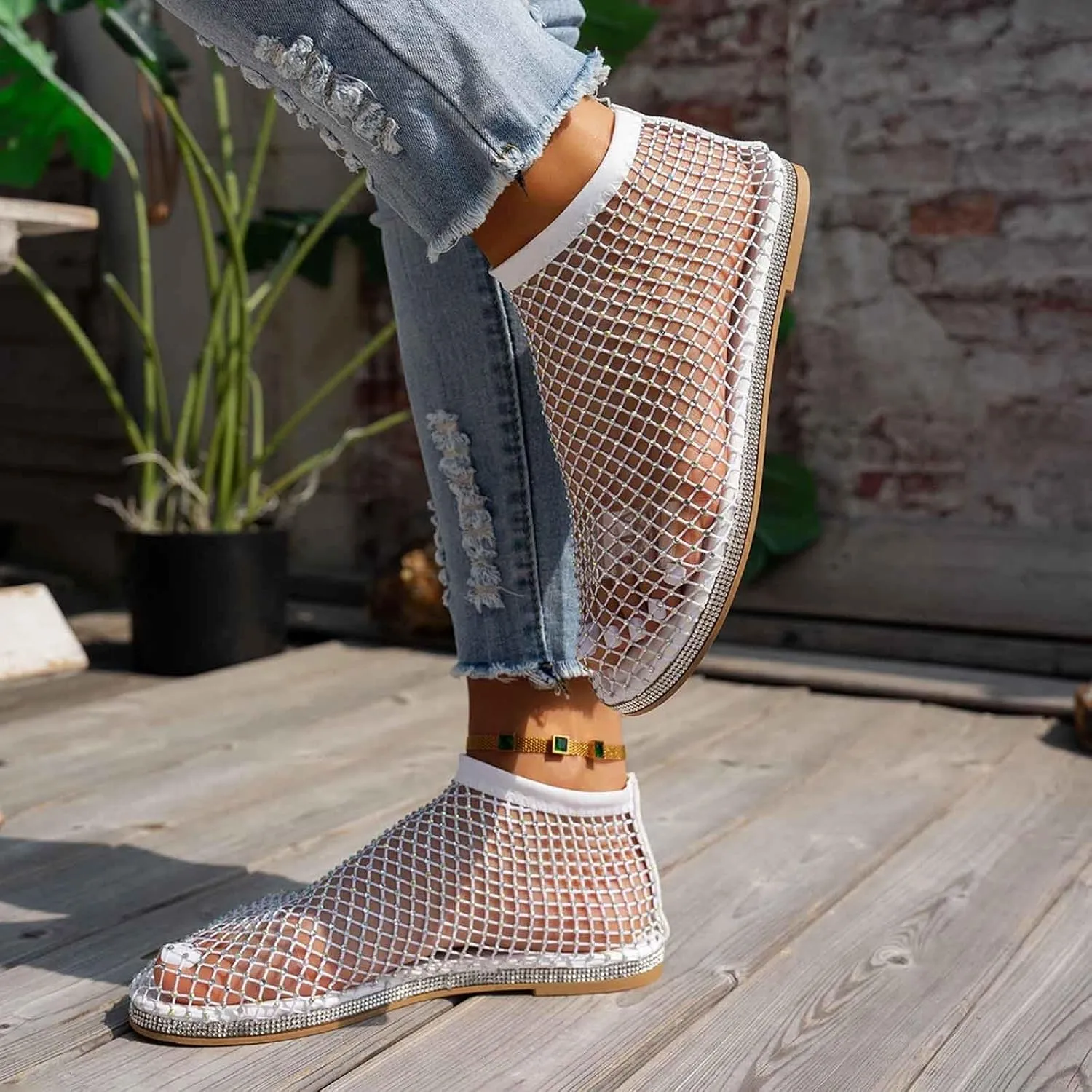 Comfortable Mesh Fishnet Shiny Gem Sandals Low Heel Slip on Stockings Rhinestone Net Flat Sandals