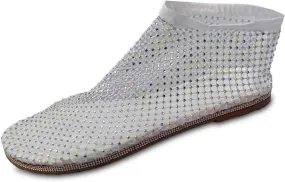 Comfortable Mesh Fishnet Shiny Gem Sandals Low Heel Slip on Stockings Rhinestone Net Flat Sandals