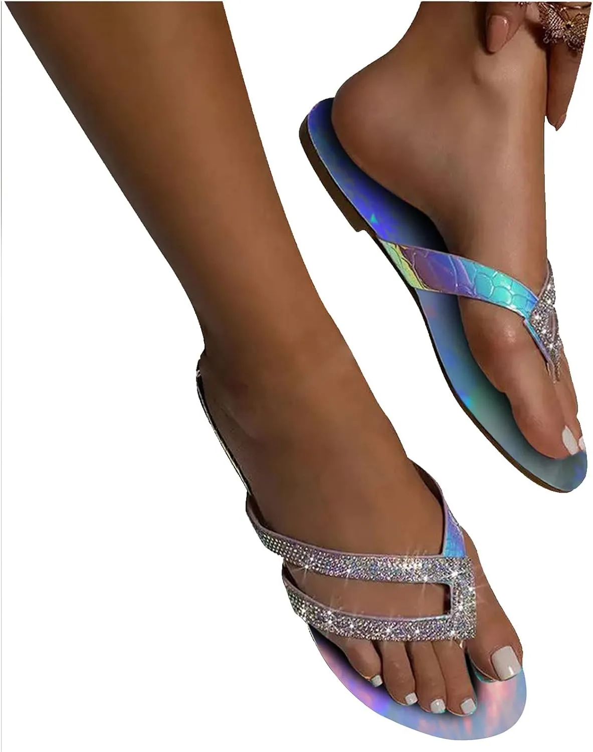 Flip Flop Sandals for Women,Fashion Flat Rhinestone Crystal Slippers Comfy Beach Roman Shoes