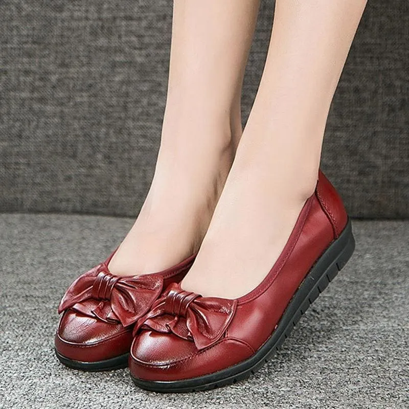 Genuine Leather Shallow Bowkont Soft Bottom Slip-On Ladies Flat Shoes