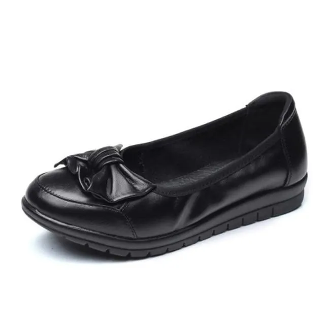 Genuine Leather Shallow Bowkont Soft Bottom Slip-On Ladies Flat Shoes