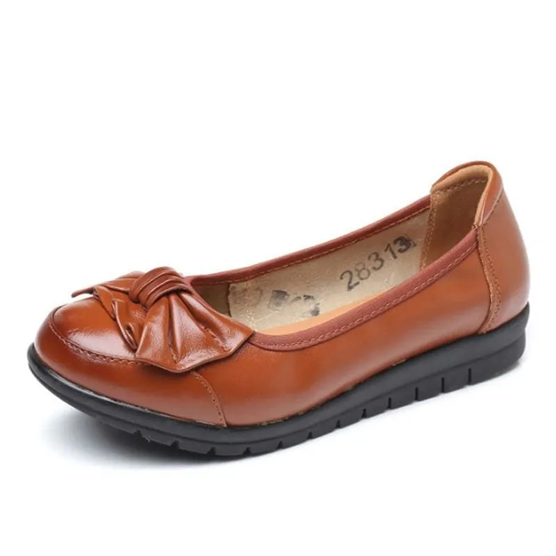 Genuine Leather Shallow Bowkont Soft Bottom Slip-On Ladies Flat Shoes