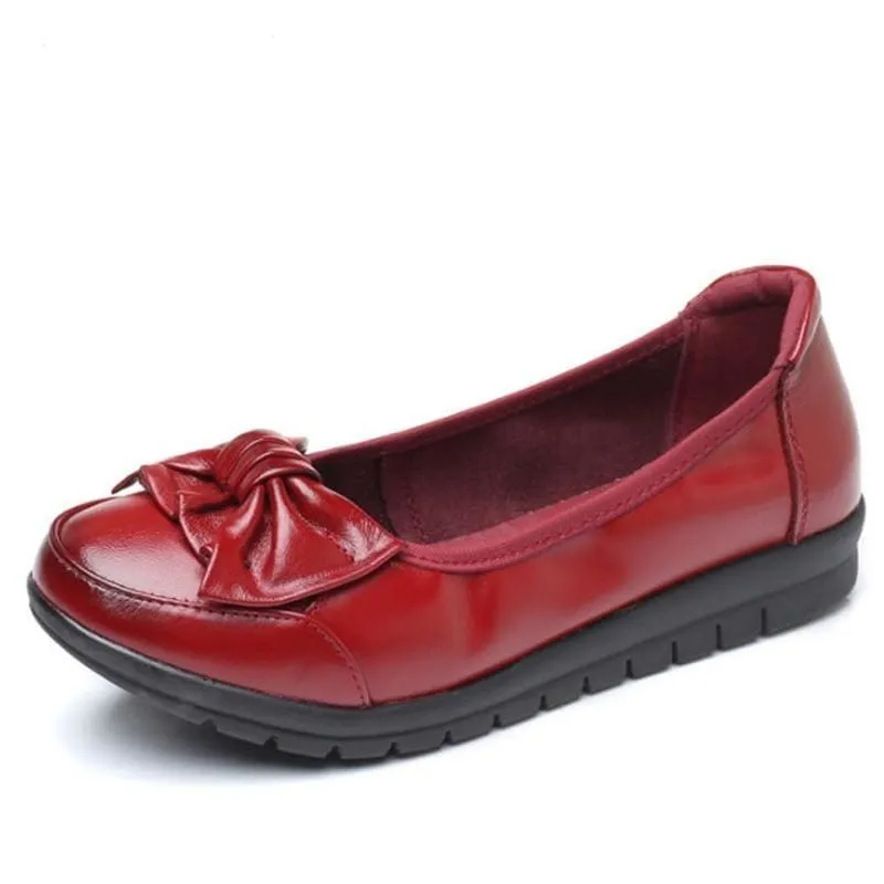Genuine Leather Shallow Bowkont Soft Bottom Slip-On Ladies Flat Shoes