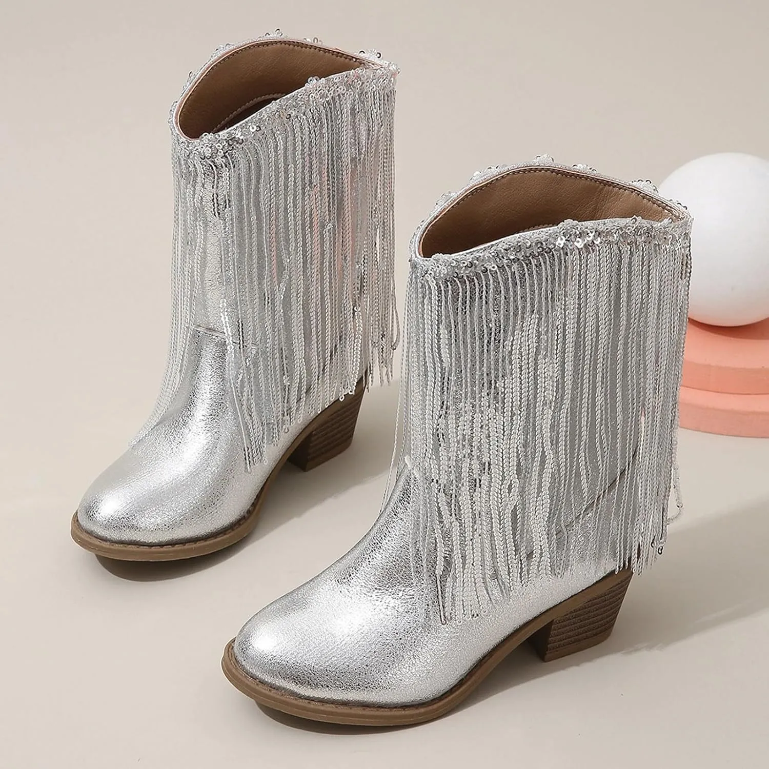 Girls Sequin Boots Winter aterproof Flat Warm Sparkly Snow Boots Kids Cozy Western Leather Shoes For Little Kid