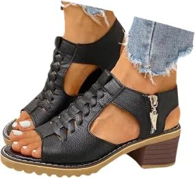 Gladiator Sandals For Women 2025,Summer Trendy Dressy Open Toe Chunky Heel Dress Cutout Block Hollow Cut Out Caged Slip-On Beach Boho Comfortable Straps Ankle Strap Zipper Back High Heel Shoes