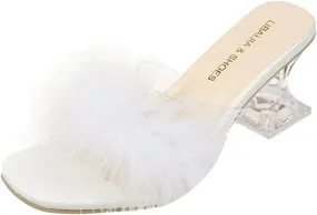 High Heels for Women Square Toe Low Stilettos Heels Mules Sandals Feather Slip on Clear Low Heels Party Dress Shoes