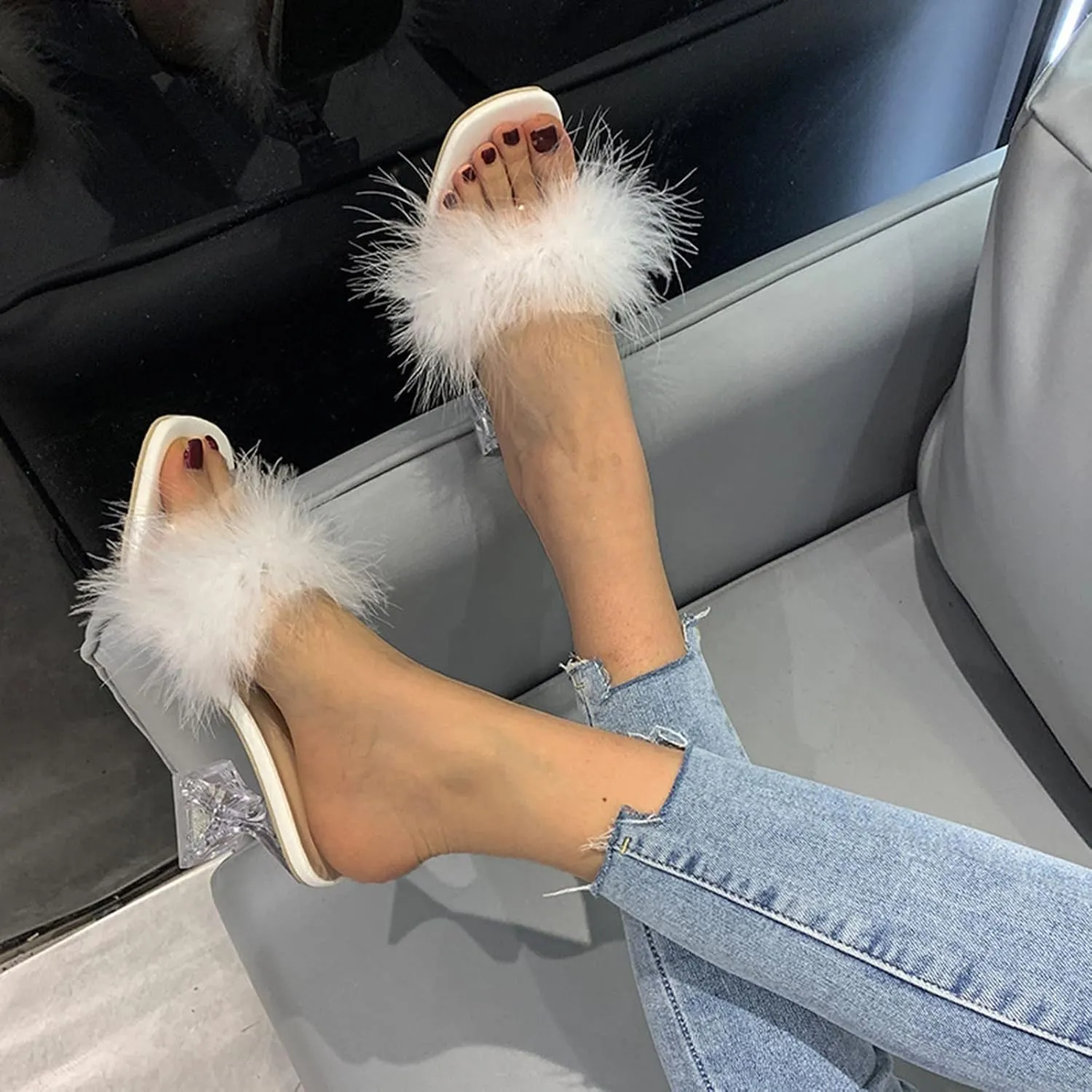 High Heels for Women Square Toe Low Stilettos Heels Mules Sandals Feather Slip on Clear Low Heels Party Dress Shoes