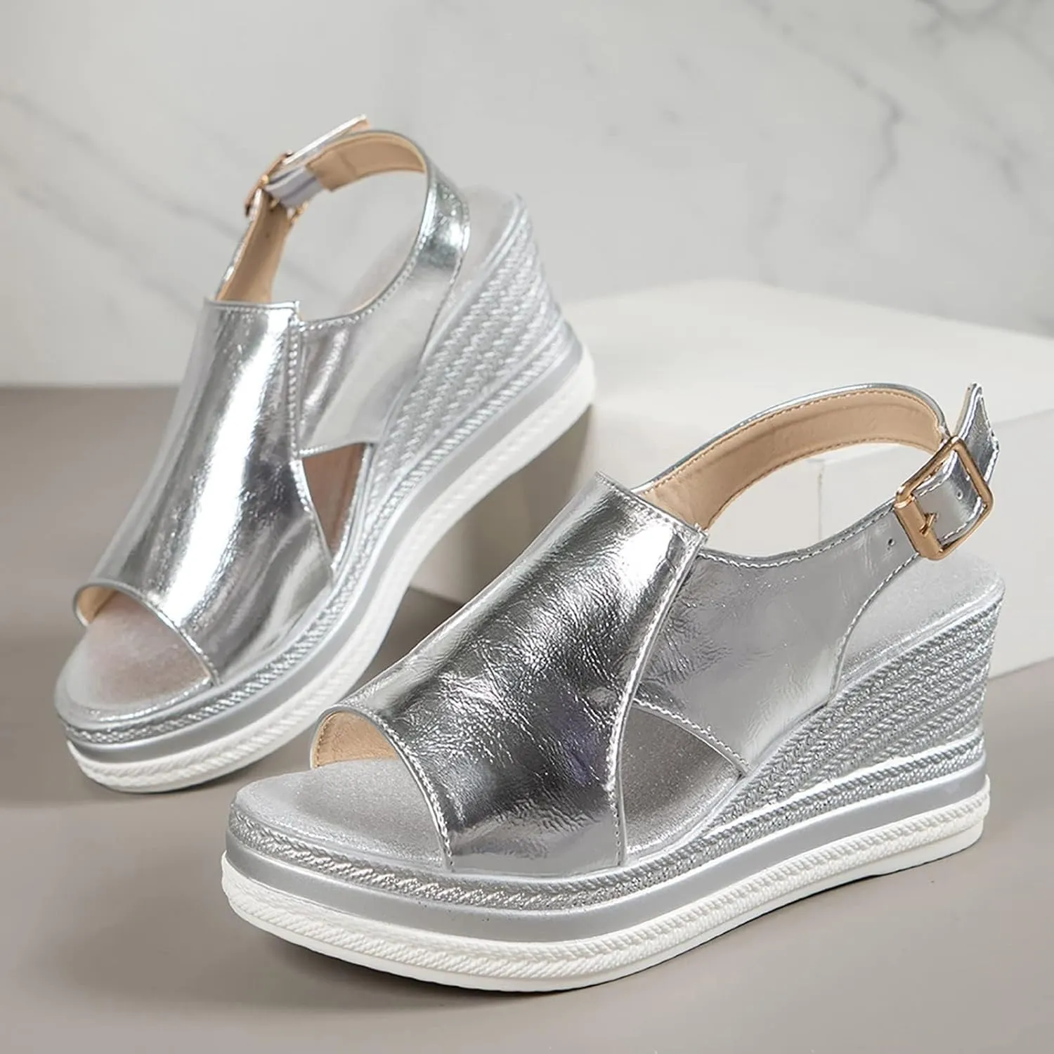 HINDOLA Women's Wedge Sandals Platform Open Toe Sandal Comfortable Beach Shoes Ankle Strap Casual Summer Platform Dressy Sandals