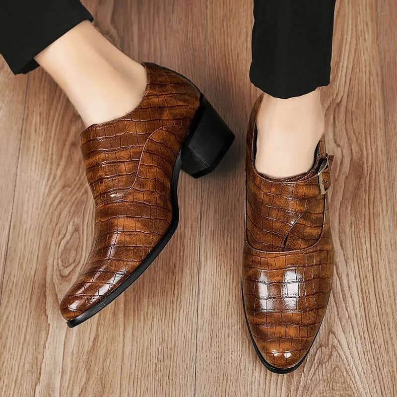 HOOENG Dress Oxford for Men Slip On Pointed Toe Vegan Leather Hight Heel Monk Strap Non Slip Block Heel Slip Resistant Rubber Sole Casual