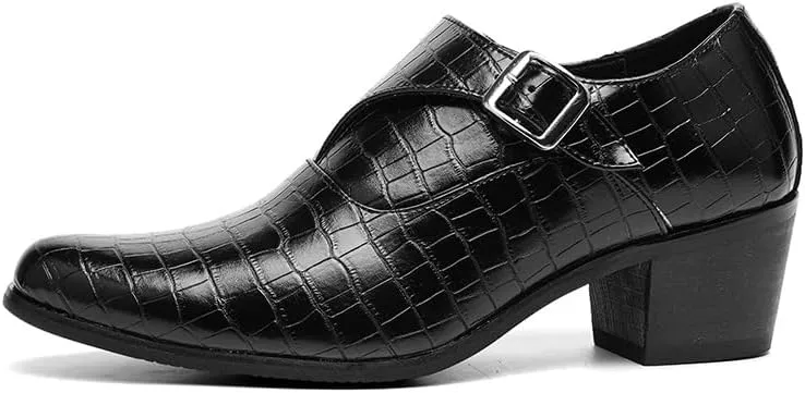 HOOENG Dress Oxford for Men Slip On Pointed Toe Vegan Leather Hight Heel Monk Strap Non Slip Block Heel Slip Resistant Rubber Sole Casual
