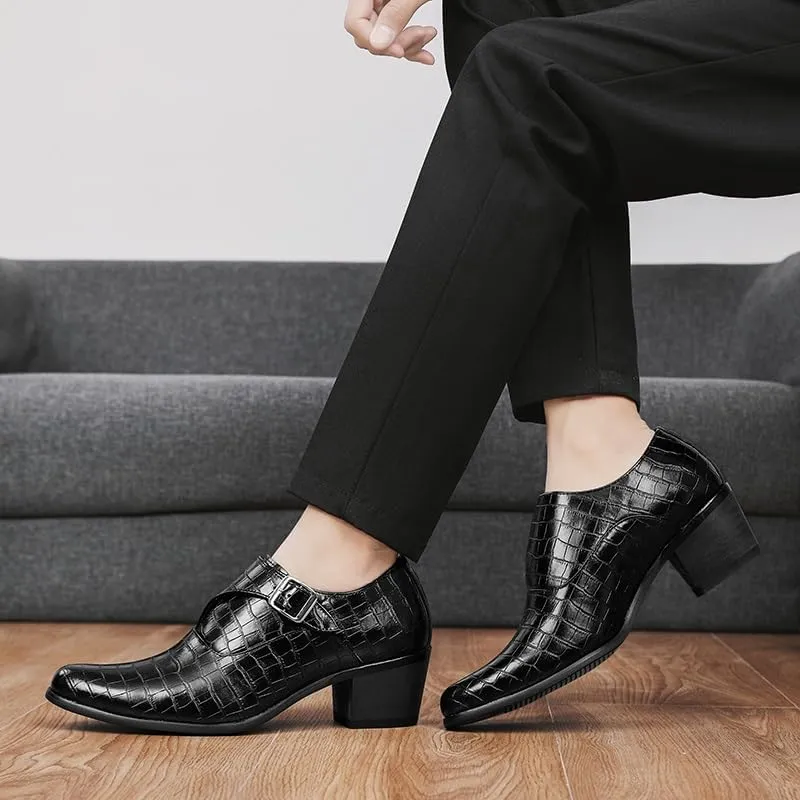 HOOENG Dress Oxford for Men Slip On Pointed Toe Vegan Leather Hight Heel Monk Strap Non Slip Block Heel Slip Resistant Rubber Sole Casual