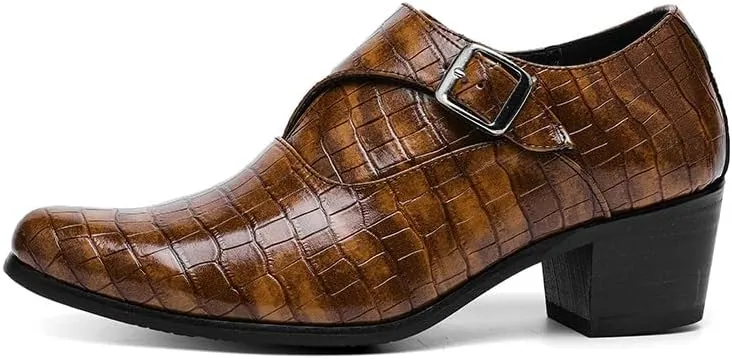 HOOENG Dress Oxford for Men Slip On Pointed Toe Vegan Leather Hight Heel Monk Strap Non Slip Block Heel Slip Resistant Rubber Sole Casual