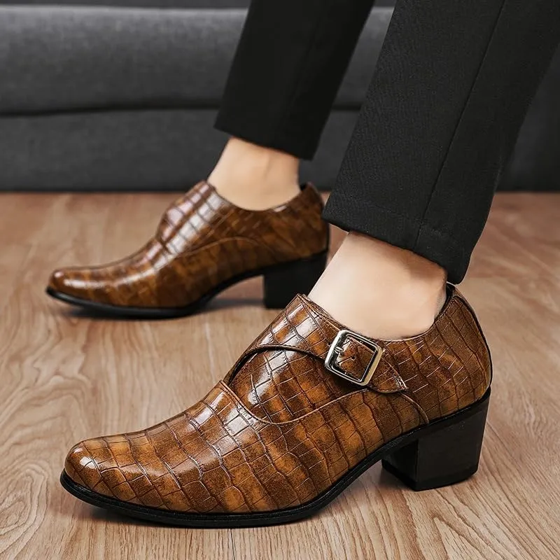 HOOENG Dress Oxford for Men Slip On Pointed Toe Vegan Leather Hight Heel Monk Strap Non Slip Block Heel Slip Resistant Rubber Sole Casual