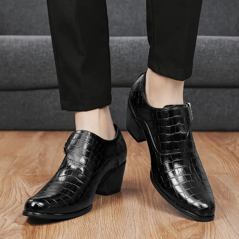 HOOENG Dress Oxford for Men Slip On Pointed Toe Vegan Leather Hight Heel Monk Strap Non Slip Block Heel Slip Resistant Rubber Sole Casual