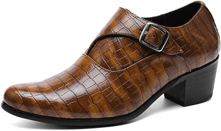 HOOENG Dress Oxford for Men Slip On Pointed Toe Vegan Leather Hight Heel Monk Strap Non Slip Block Heel Slip Resistant Rubber Sole Casual