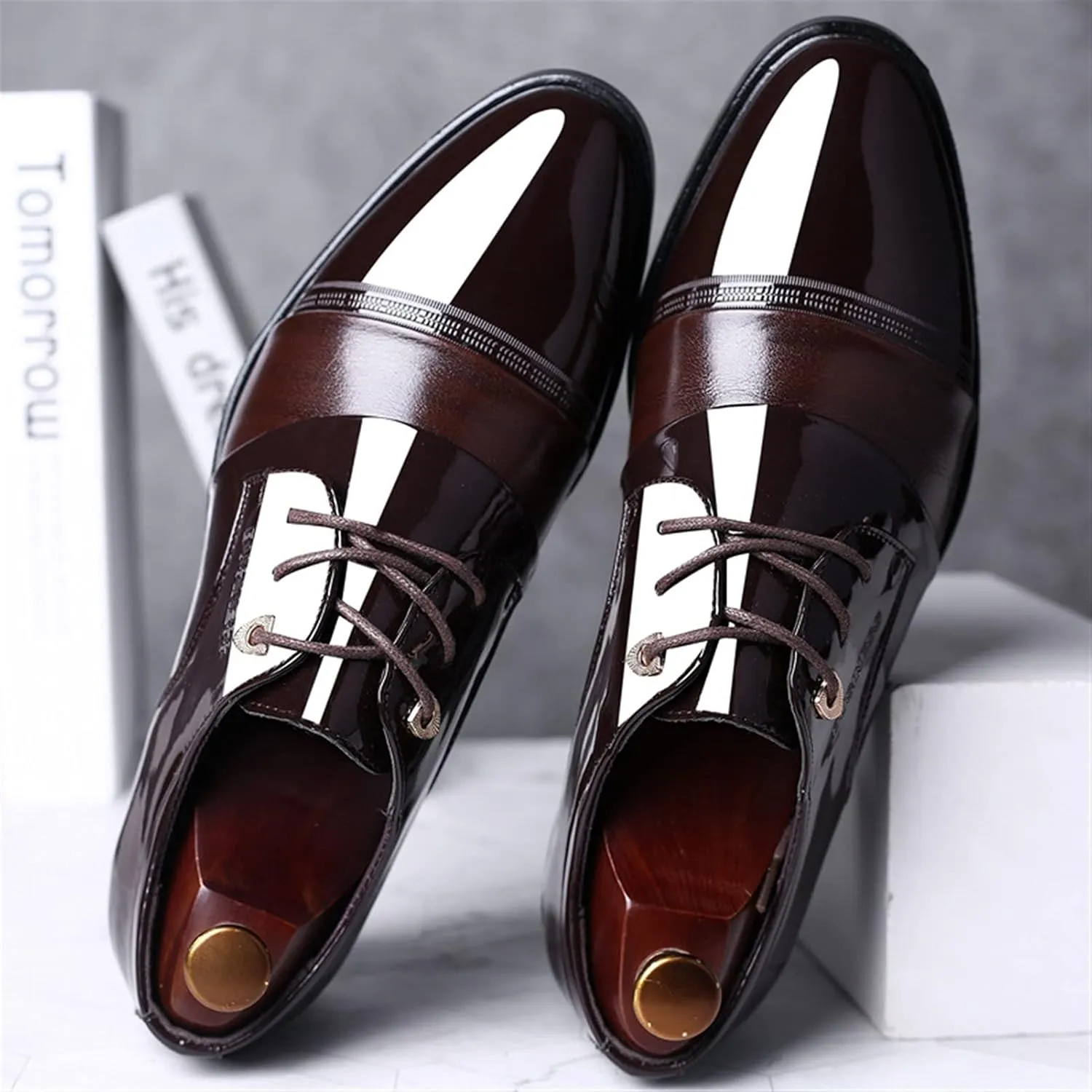 HOOENG Dress Shoes for Men Lace Up Round Toe Patent Leather PU Leather Non Slip Anti-Slip Slip Resistant Low Top Classic