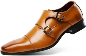 HOOENG Oxford Shoes for Men Slip on Double Monk Strap Cap Toe Square Toe Leather Block Heel Anti-Slip Resistant Non Slip Casual (Color : Brown, Size : 9)