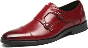 HOOENG Oxford Shoes for Men Slip on Monk Strap Cap Toe Black Burnished Toe PU Leather Anti-Slip Block Heel Rubber Sole Outdoor (Color : Red, Size : 10.5)