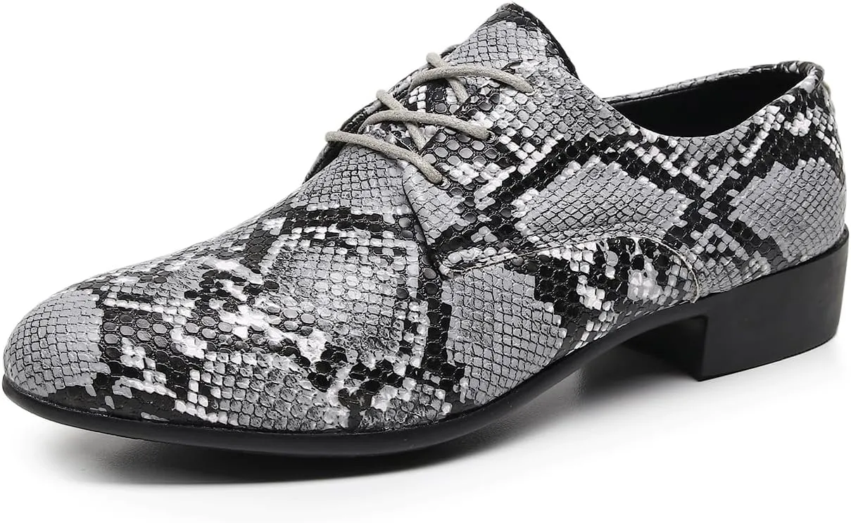 Men's Oxfords Snake Print Leather Oxfords with Lace-Up Black and White Dress Shoes