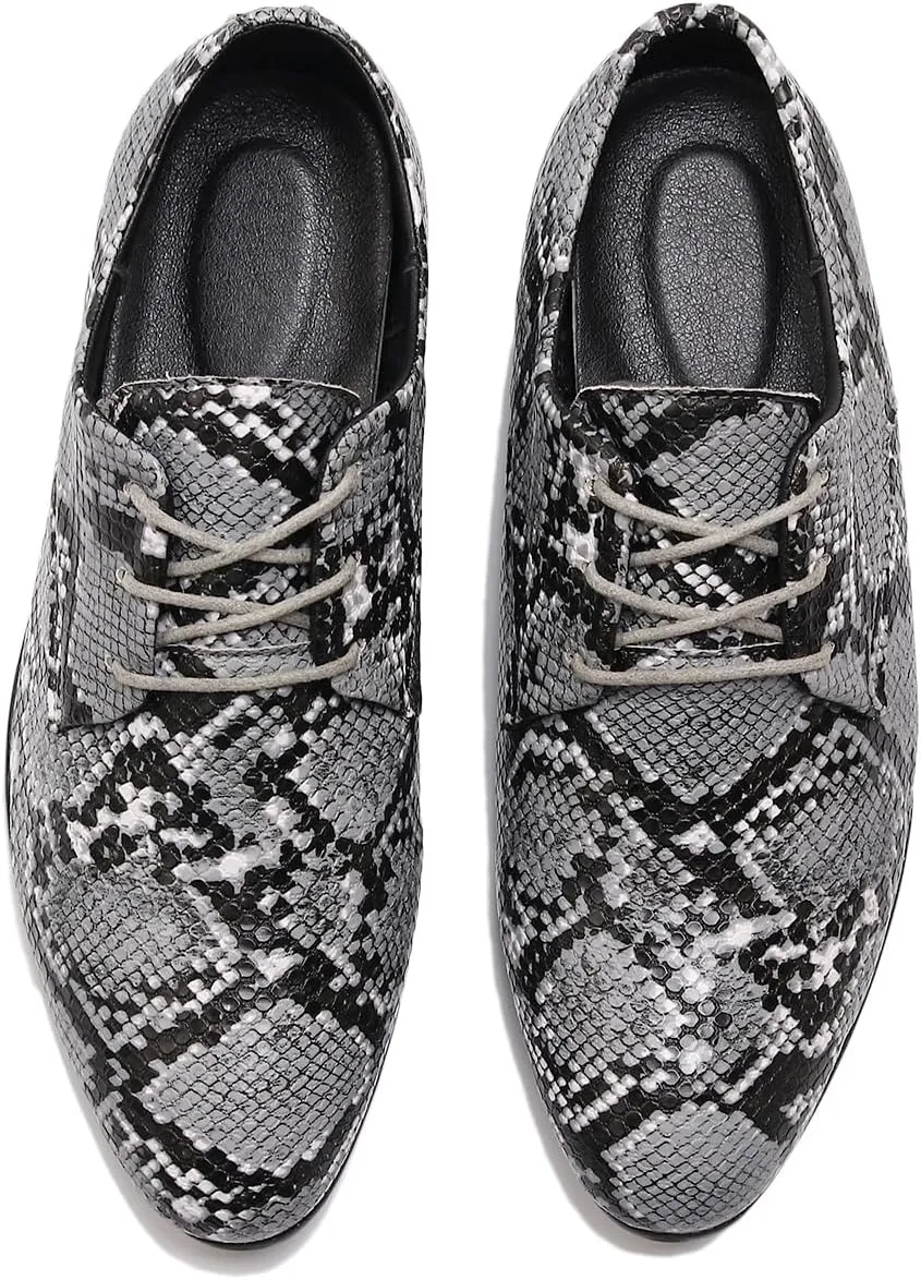 Men's Oxfords Snake Print Leather Oxfords with Lace-Up Black and White Dress Shoes