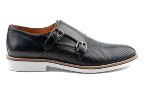Nuh Top Grain Leather Double Monk Strap Dress Sneakers, Perforated Design, Smart Casual Dress Code Sneakers for Men, in Navy