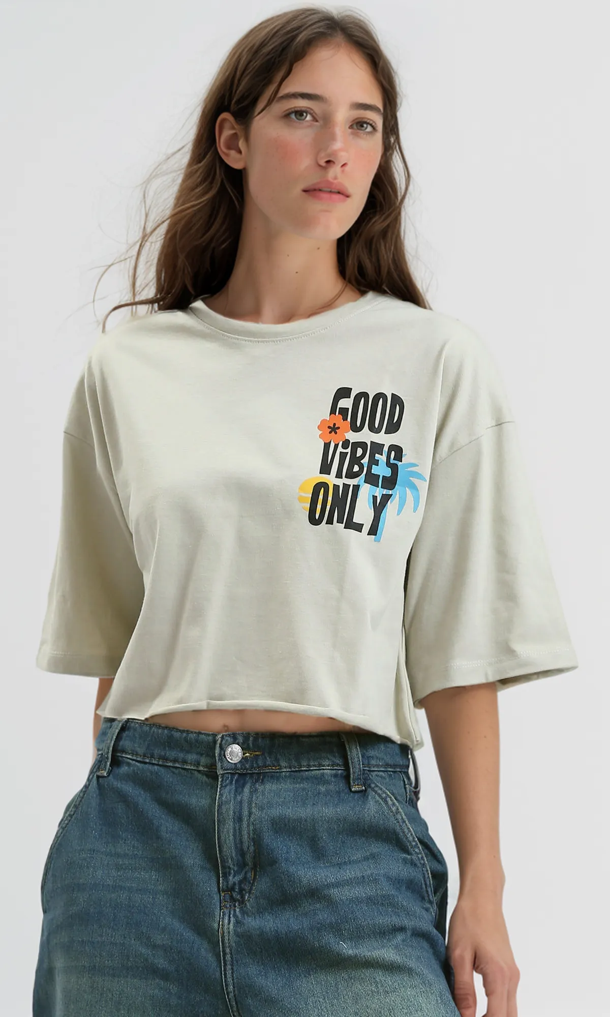 O189267 Beige Printed Cotton Tee With Elbow-Sleeves