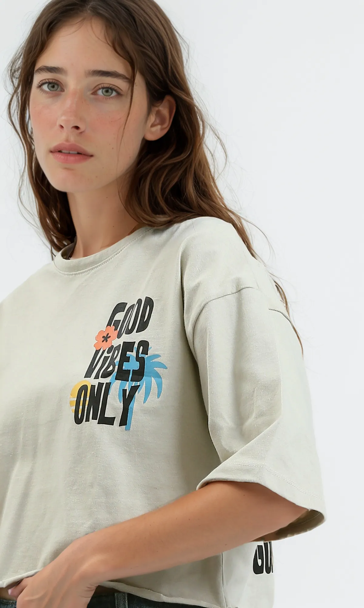 O189267 Beige Printed Cotton Tee With Elbow-Sleeves