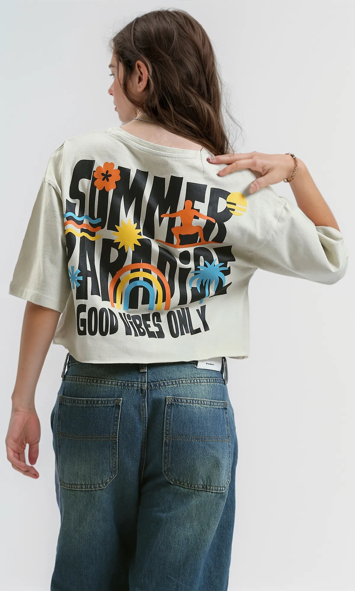 O189267 Beige Printed Cotton Tee With Elbow-Sleeves