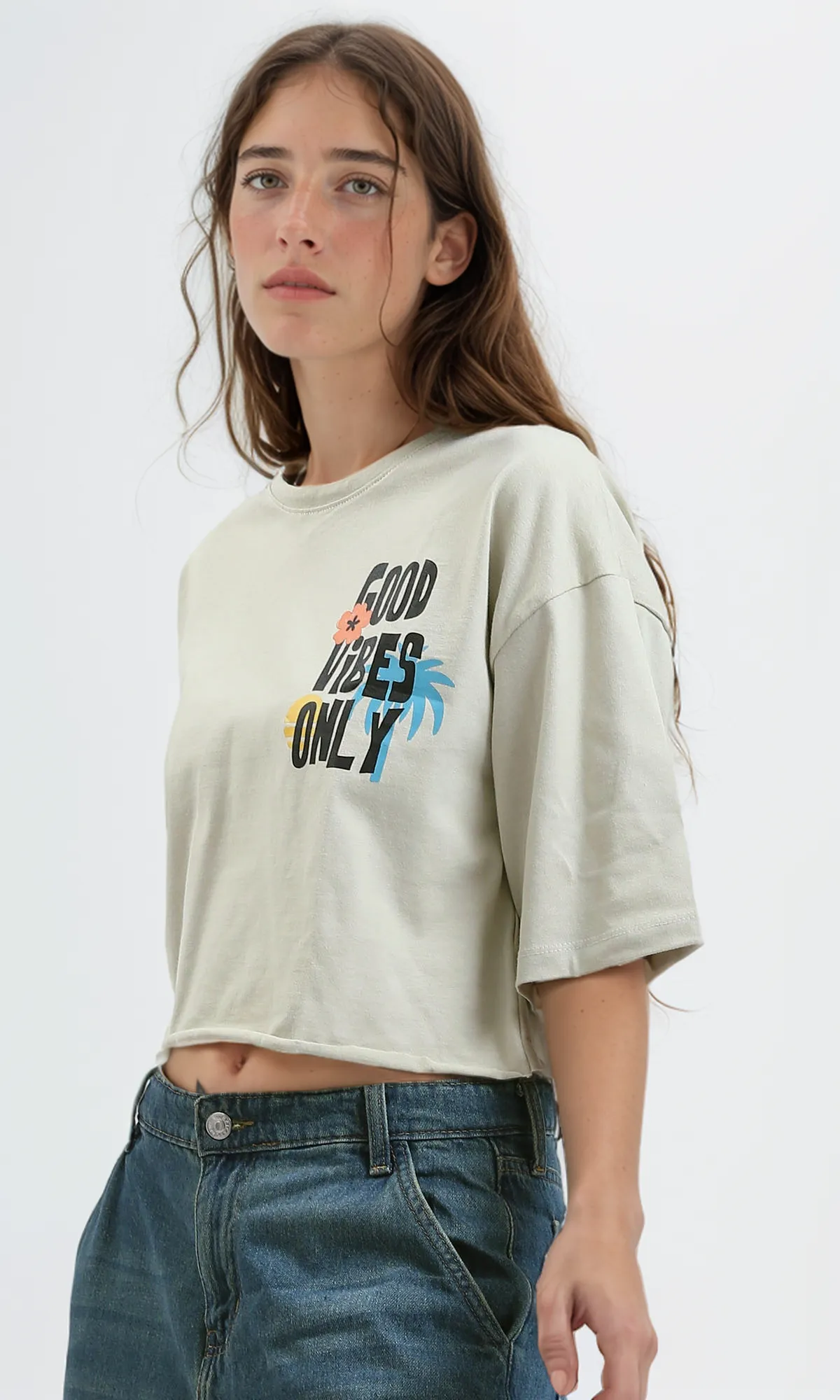 O189267 Beige Printed Cotton Tee With Elbow-Sleeves