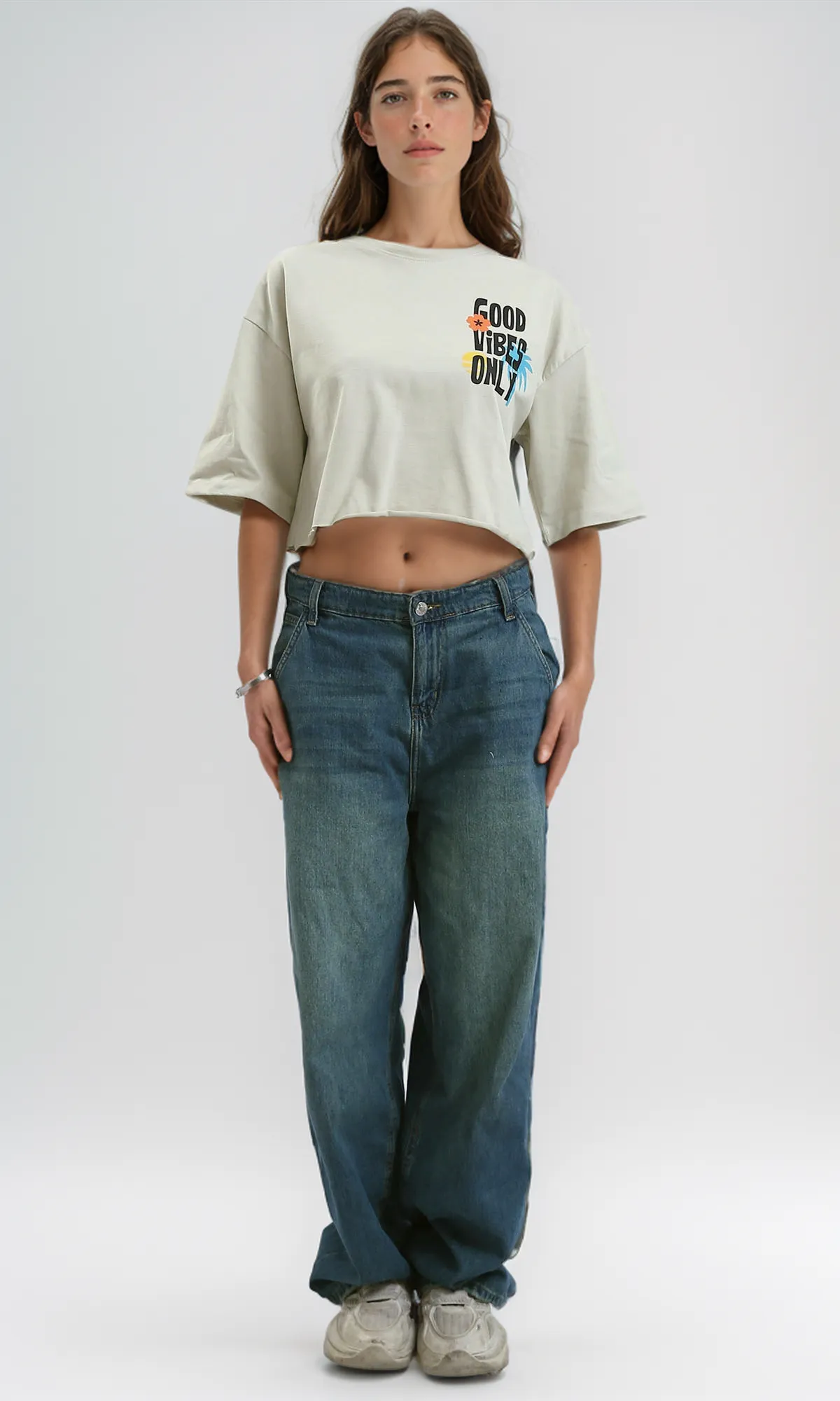 O189267 Beige Printed Cotton Tee With Elbow-Sleeves