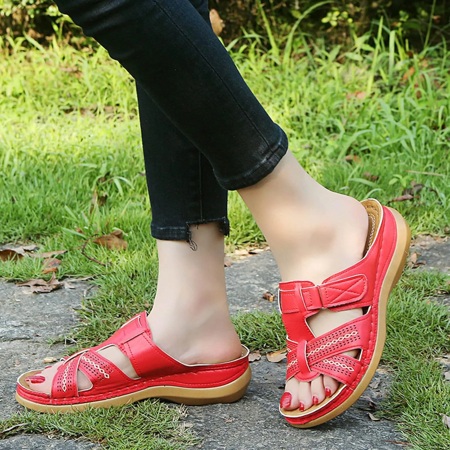 oiangi Women Shoes Wedges Sandals Summer Casual Open Toe Hollow Out Hook-and-Loop Slipper Lightweight Comfortable Breathable Outdoor Ladies Slides