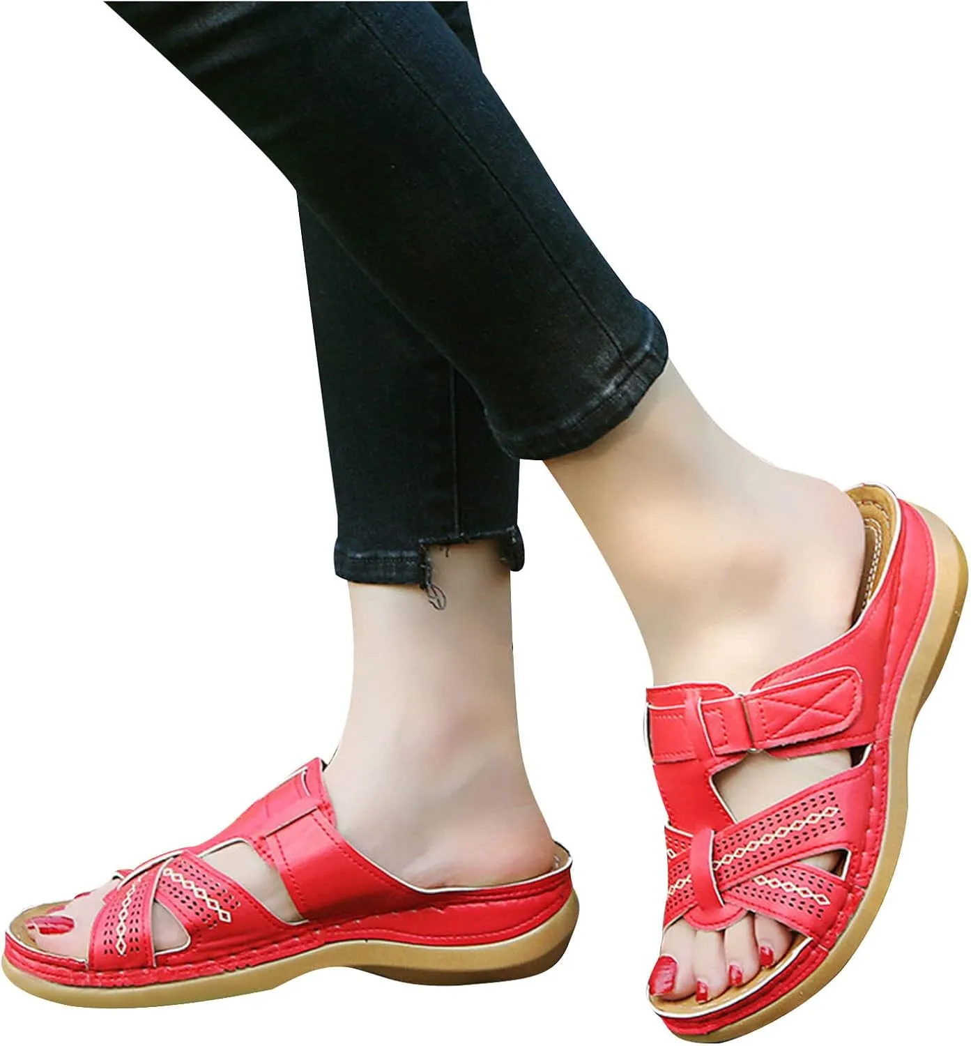 oiangi Women Shoes Wedges Sandals Summer Casual Open Toe Hollow Out Hook-and-Loop Slipper Lightweight Comfortable Breathable Outdoor Ladies Slides