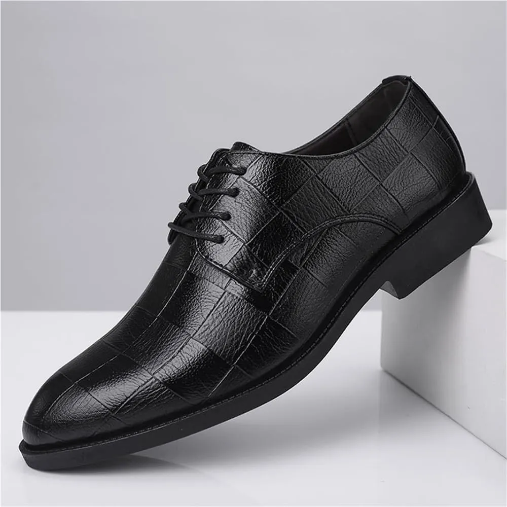 Oxford Shoes for Men Leather Lace Up Round Toe Plaid Embossed Slip Resistant Rubber Sole Party Formal