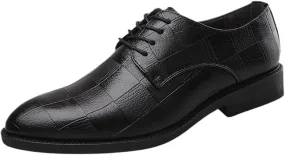 Oxford Shoes for Men Leather Lace Up Round Toe Plaid Embossed Slip Resistant Rubber Sole Party Formal